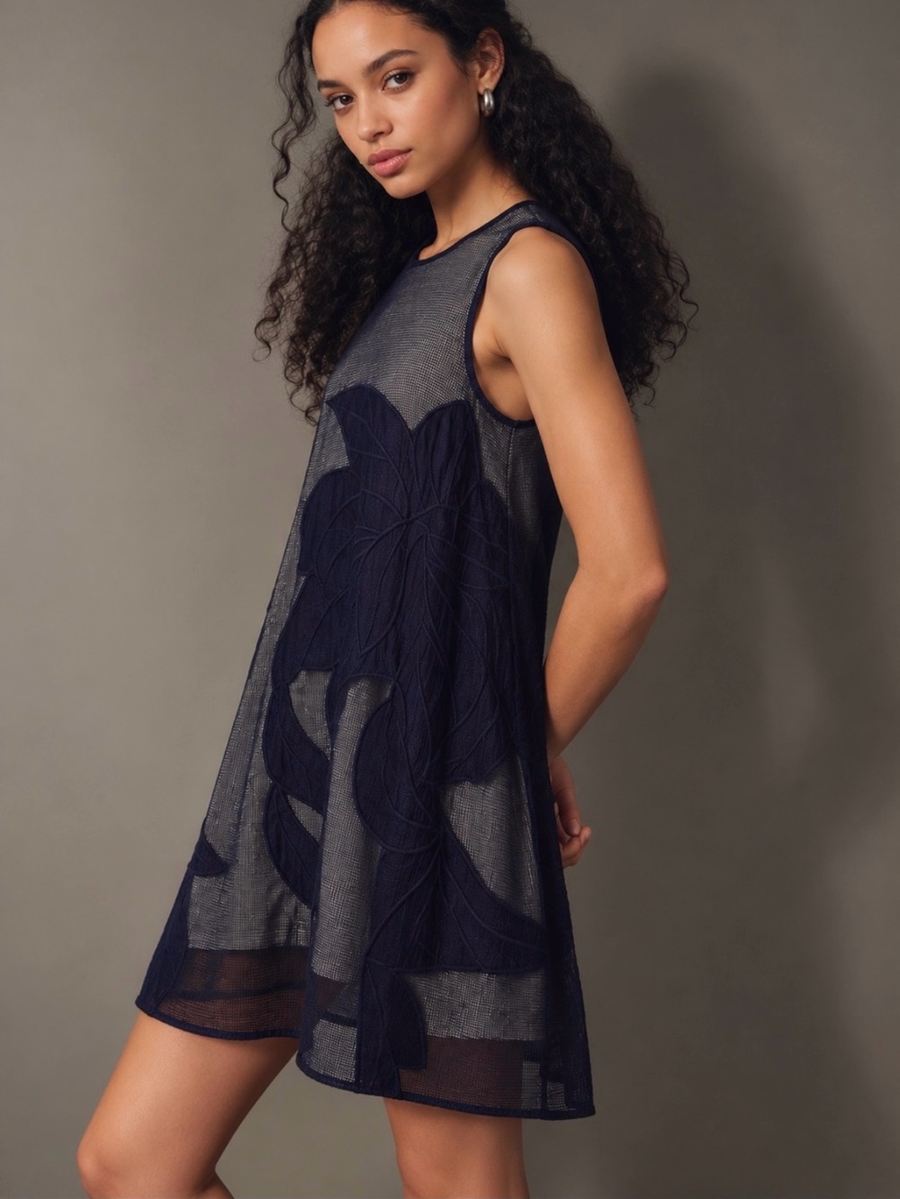 Anthropologie HUTCH Chaparral Navy Floral Appliqué Mesh Swing Dress M